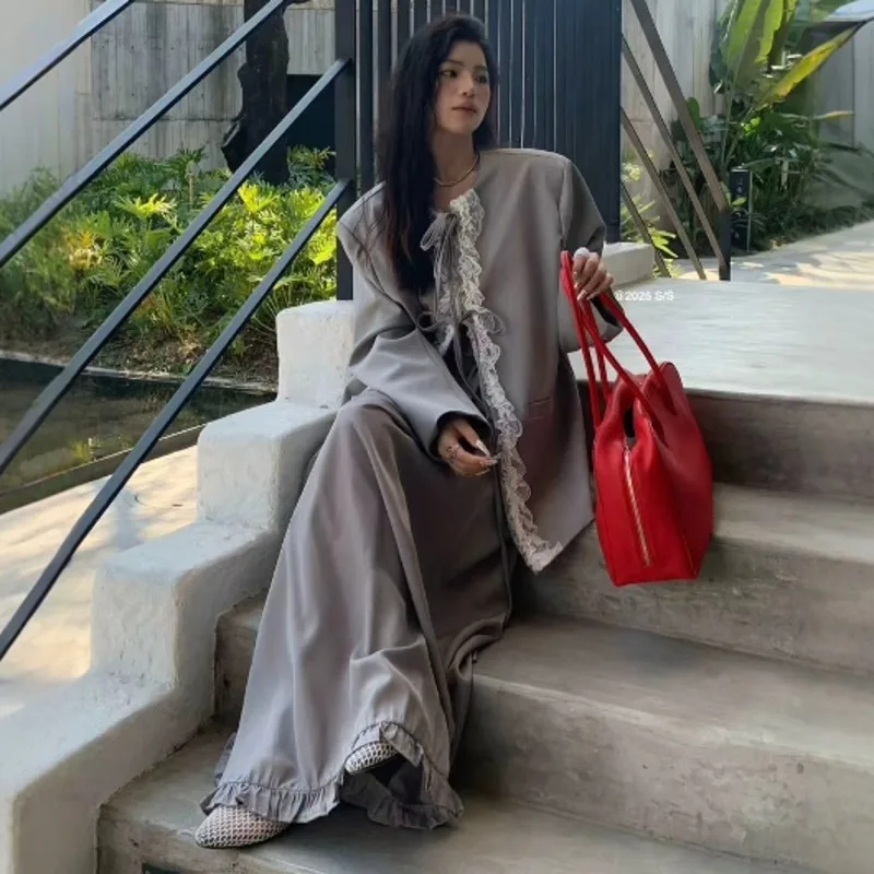 EAEOVNI contraste couleur dentelle épissé veste d'extérieur femmes mode à lacets conception polyvalent Blazer manteau 2025 nouveaux vêtements 1A1024