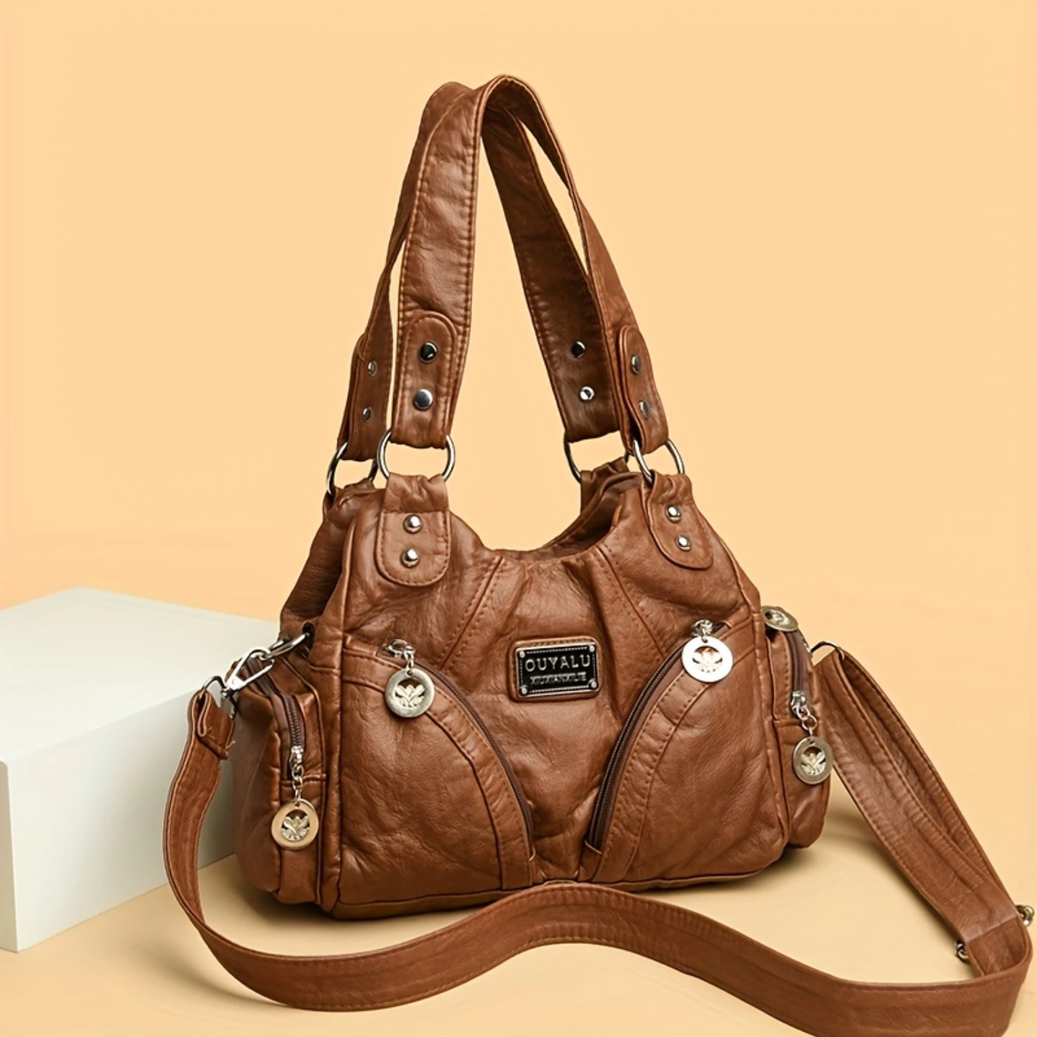 

Vintage PU Leather Tote Bag with Multi Pockets, Fashion Crossbody Hobo Shoulder Bag for Women