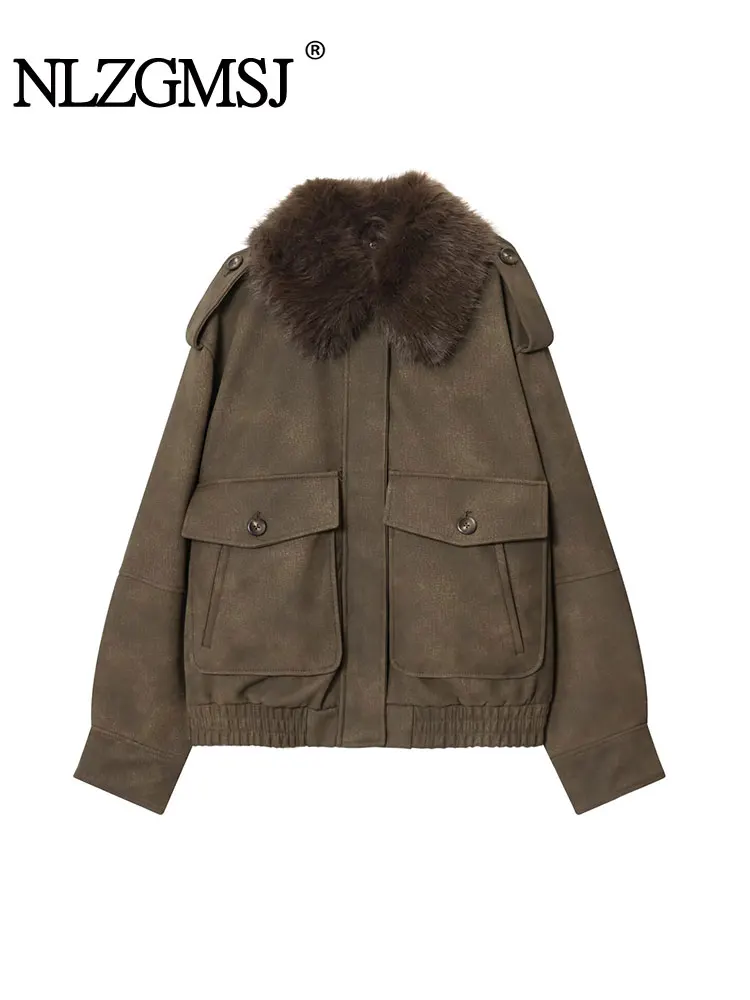 

NLZGMSJ 2025 женская зимняя замшевая кожаная куртка с коротким карманом и воротником Мао, модное новое пальто с длинными рукавами