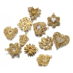 2pcs Raw Brass Heart Flower Leaf Shape Charms Braided Pendants For Jewelry Making Earrings Necklace DIY Crafts Accessories
