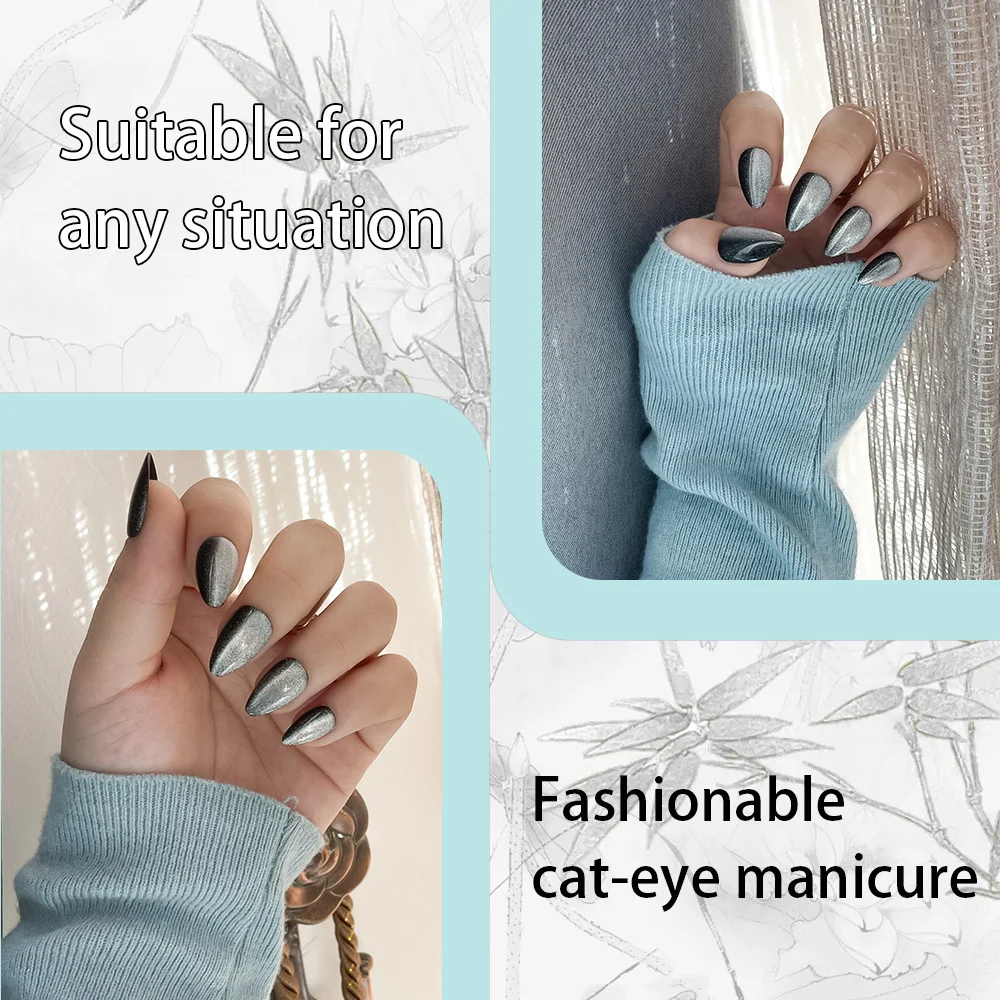 Juego de 96 uñas a presión Glam Cat Eye, punta francesa, reutilizable, fácil de aplicar para ocasiones especiales diarias, perfecto para mujeres y niñas