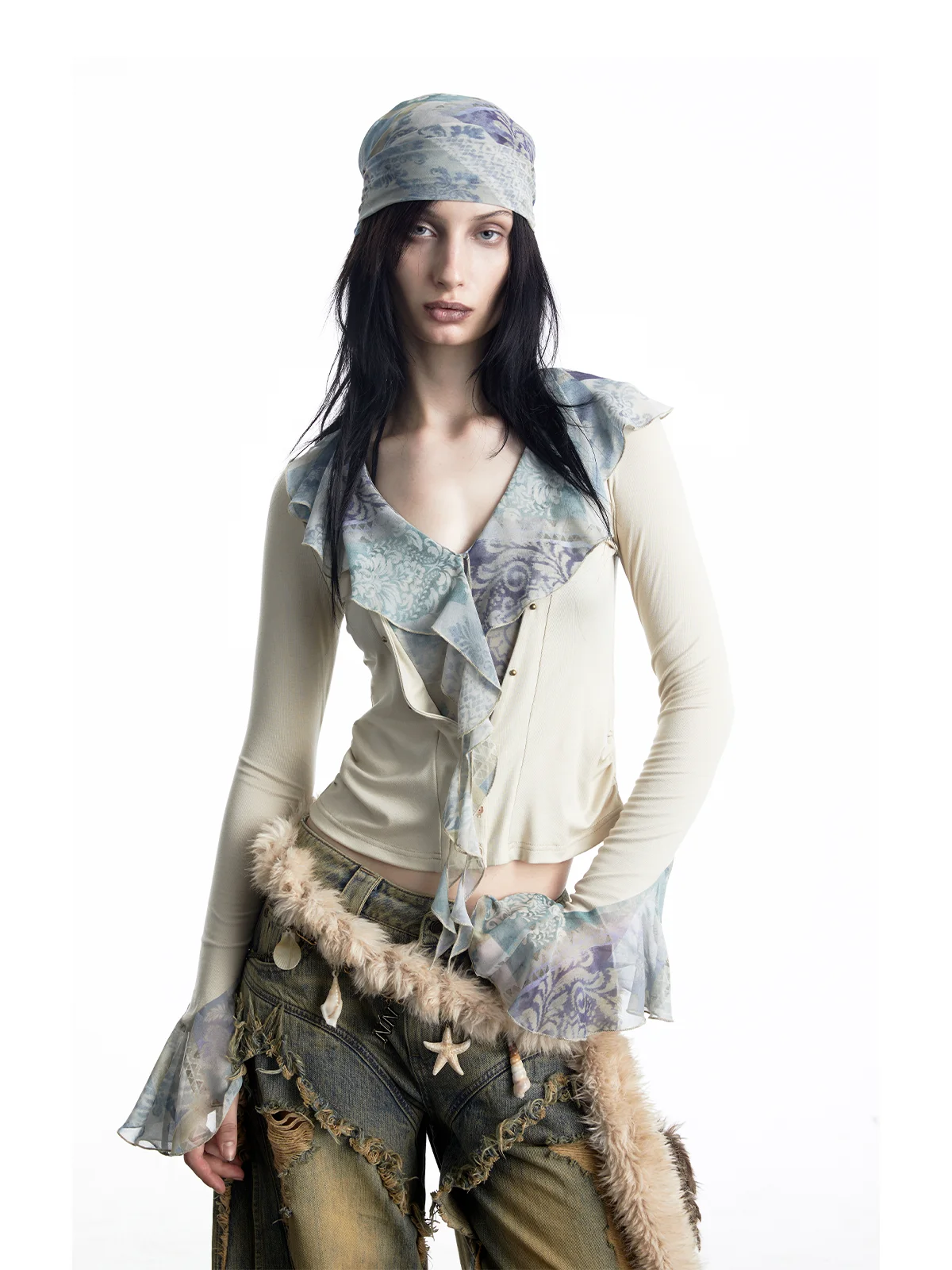 

СЕТЬ "Evereen Realm" V-Ne Overhead irt Ruffle Patchwork Lyrical Women's Faion Дышащая длинная све Casua...