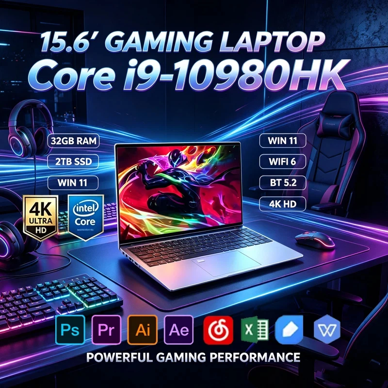 New 15.6" Laptop Intel Core I9-10980HK 32GB DDR4 2TB M.2 SSD Win11 Pro Fingerprint Unlock WiFi6 BT5.2 4K HD Gaming Ultrabook