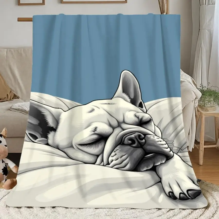 Premium 280GSM Flannel Blanket Featuring a Serene Sleeping French Bulldog Illustration on Calm Blue Background, Soft And Cozy All-Season Decorative Throw for Home Comfort, Perfect As for home Decoration And Holiday Gift Choice