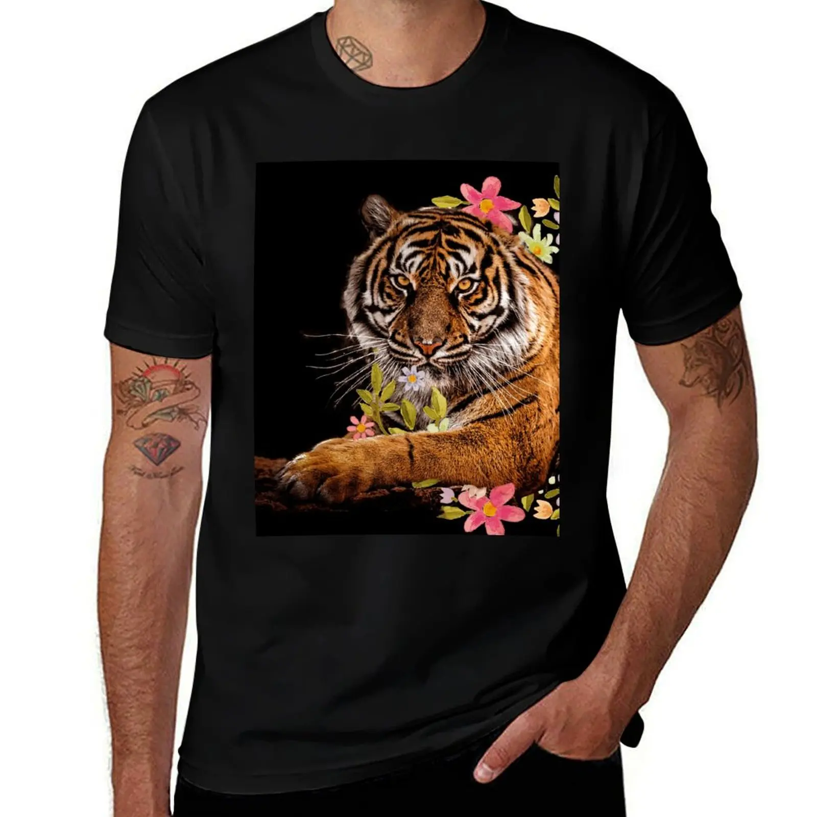 Fierce Bengal tiger seated in a ring of pink and purple beautiful flowers T-Shirt Basic Comfort Fit T-Shirt for Men