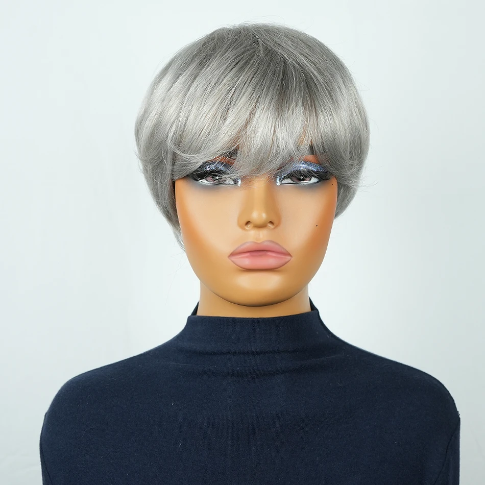 

Chic Gray Pixie Cut Human Hair Wigs with Bangs 6 Inch Straight Remy Human Hair Rose Net Cap Machine-Made Perfect for Daily Wear