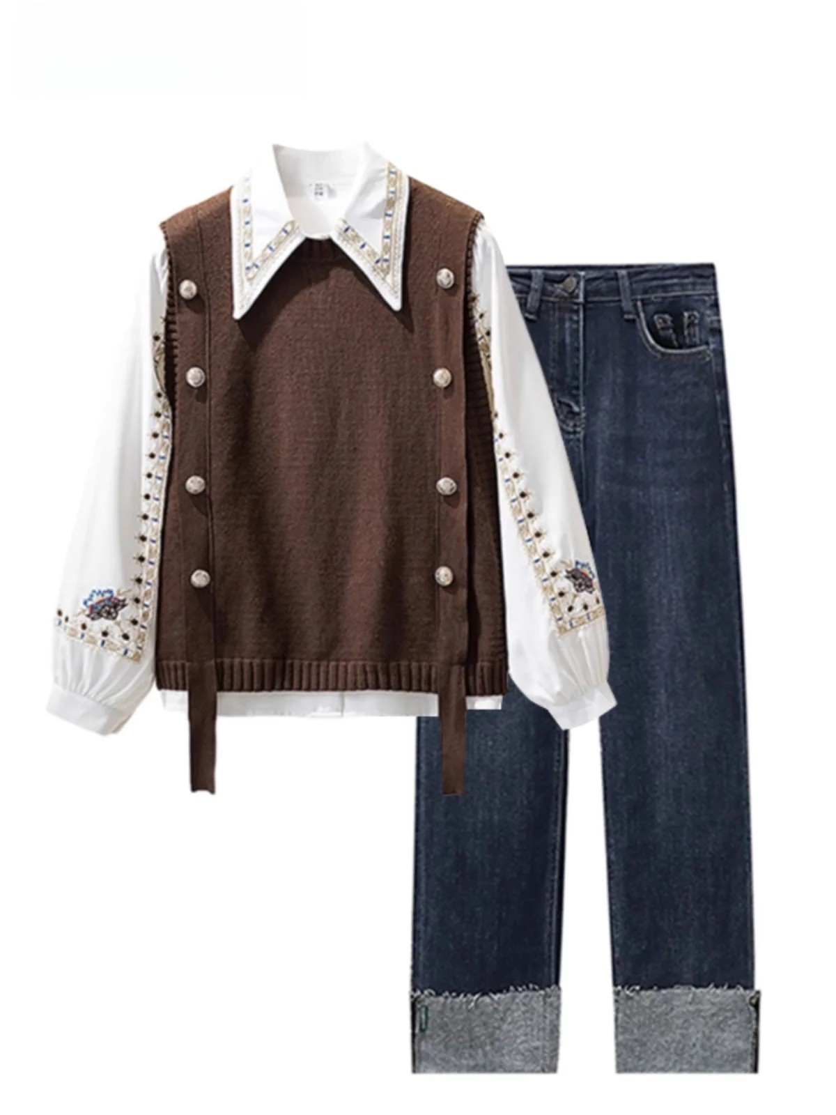 

plus Size irt Vest Jeans Set Women's Autumn New Salt System Clothing Lady Tee-piece Set High Waist Long Pants Polyester F...