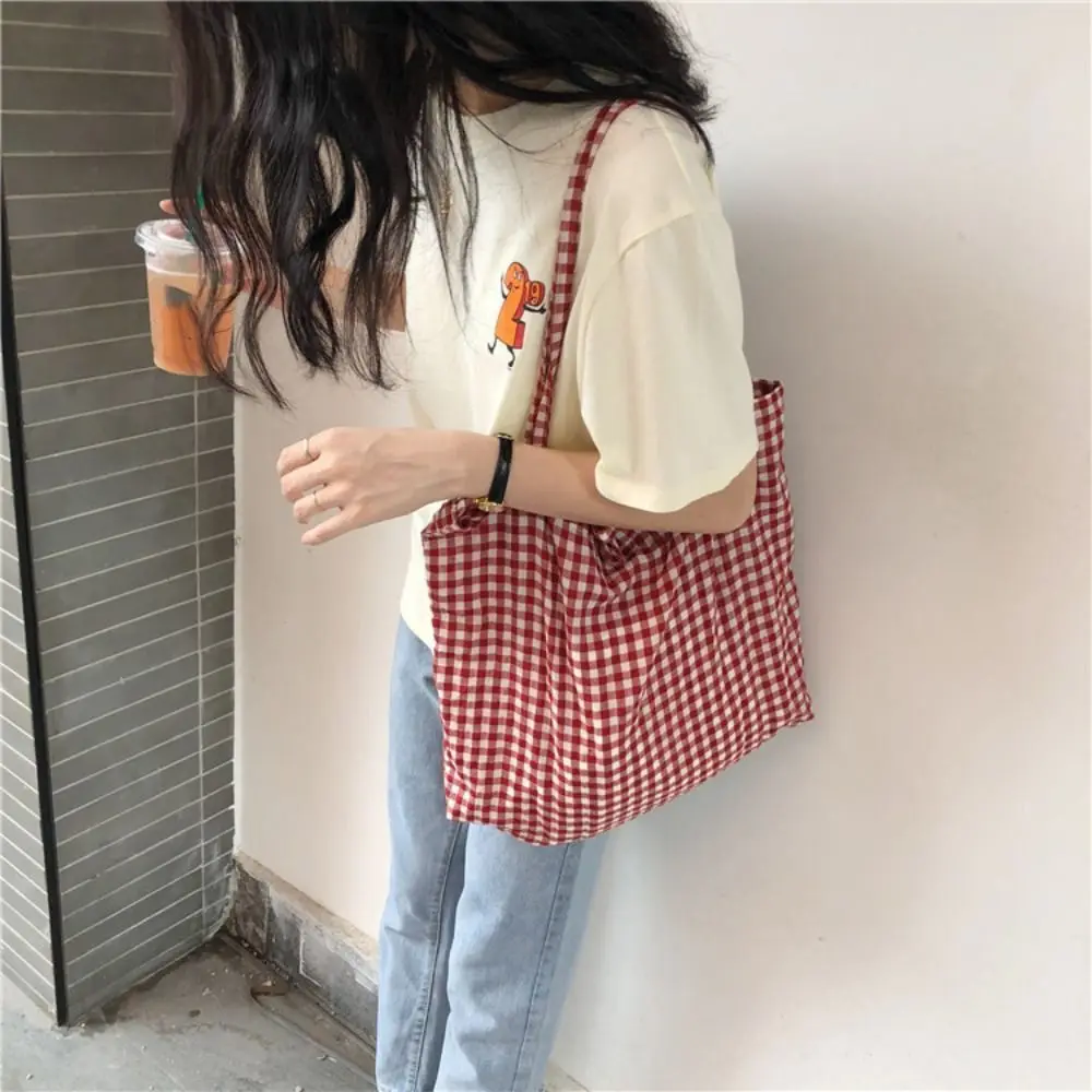 Canvas Women\'s Tote Shoulder Bag Plaid Large Capacity Girls Student Book Handbags Folding Ladies Purse Pouch Large Shopping Bag