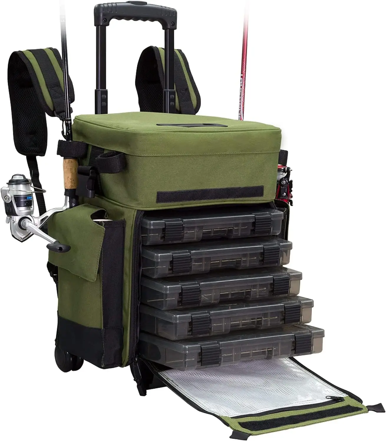 

Tackle Box with Wheels - Waterproof Fishing Backpack, 5 Removable Trays, 4 Rod Holders, Gifts for Men, Fish Bag, Roller