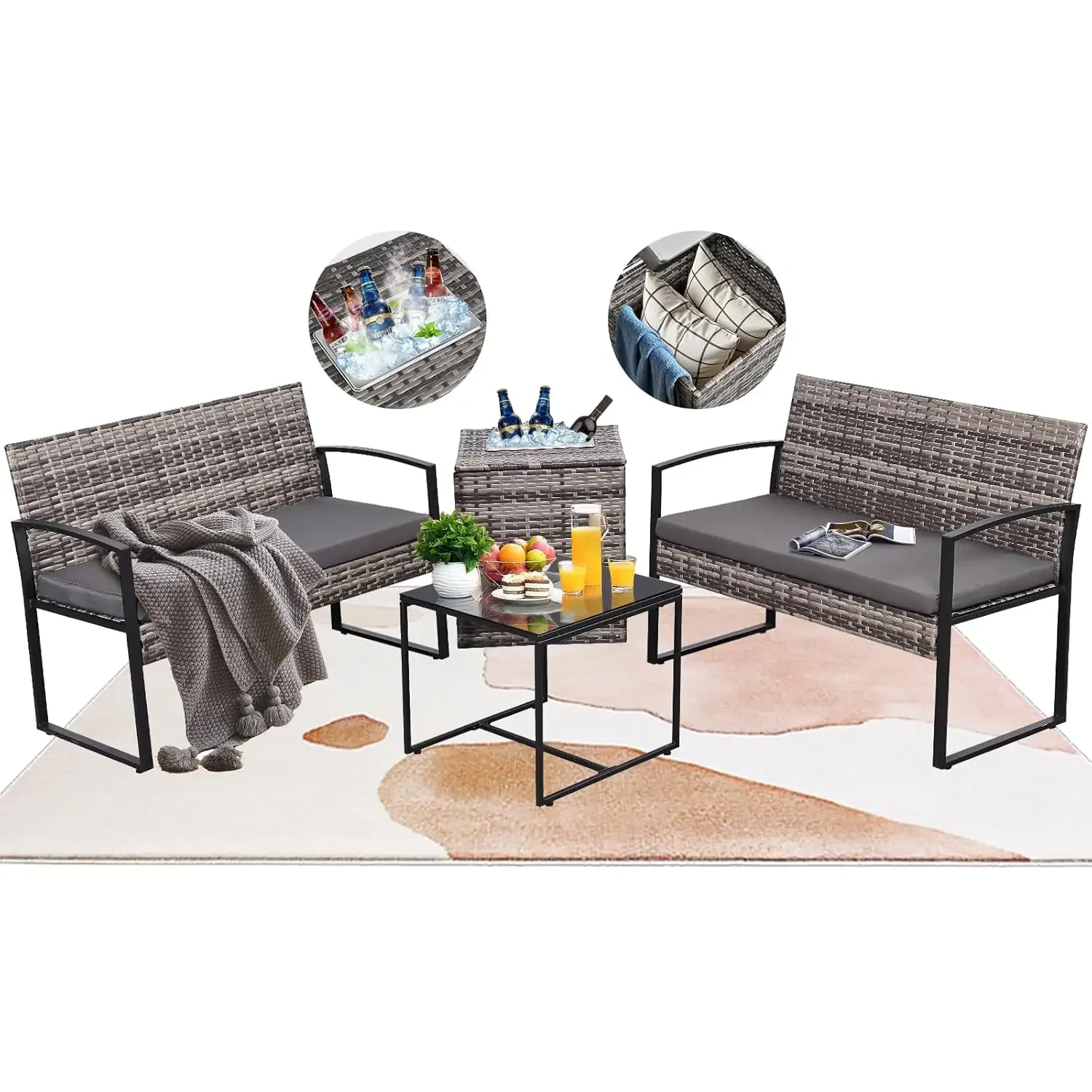 4 Piece Outdoor Patio Furniture Set with Built-in Beverage Cooler Storage Box, Wicker Conversation Sets Patio, Customized