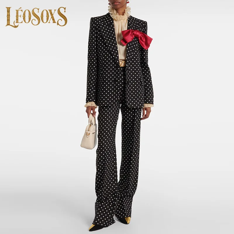 

LEOSOXS Fashion Women's Polka Dot 2 Piece Set Bowknot Spliced Long Sleeve Blazer Jacket High Waist Straight Pants Sets New