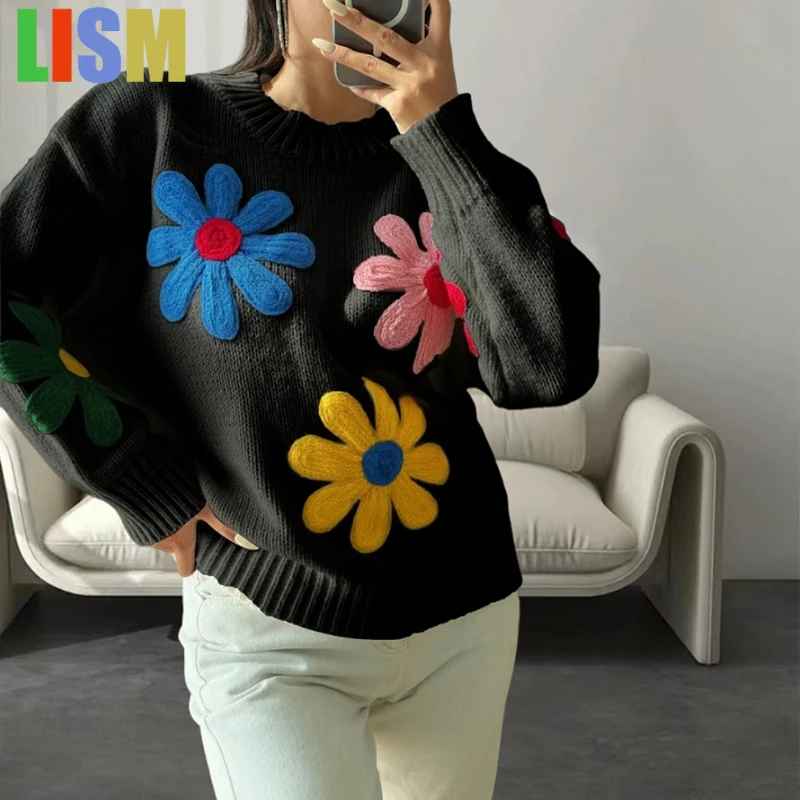 

LISM women's winter Flowers Knitwear clothes y2k hoodies sweatshirt 2025 Outwear Warm Loose Jumper Women's Knit Casual Sweaters