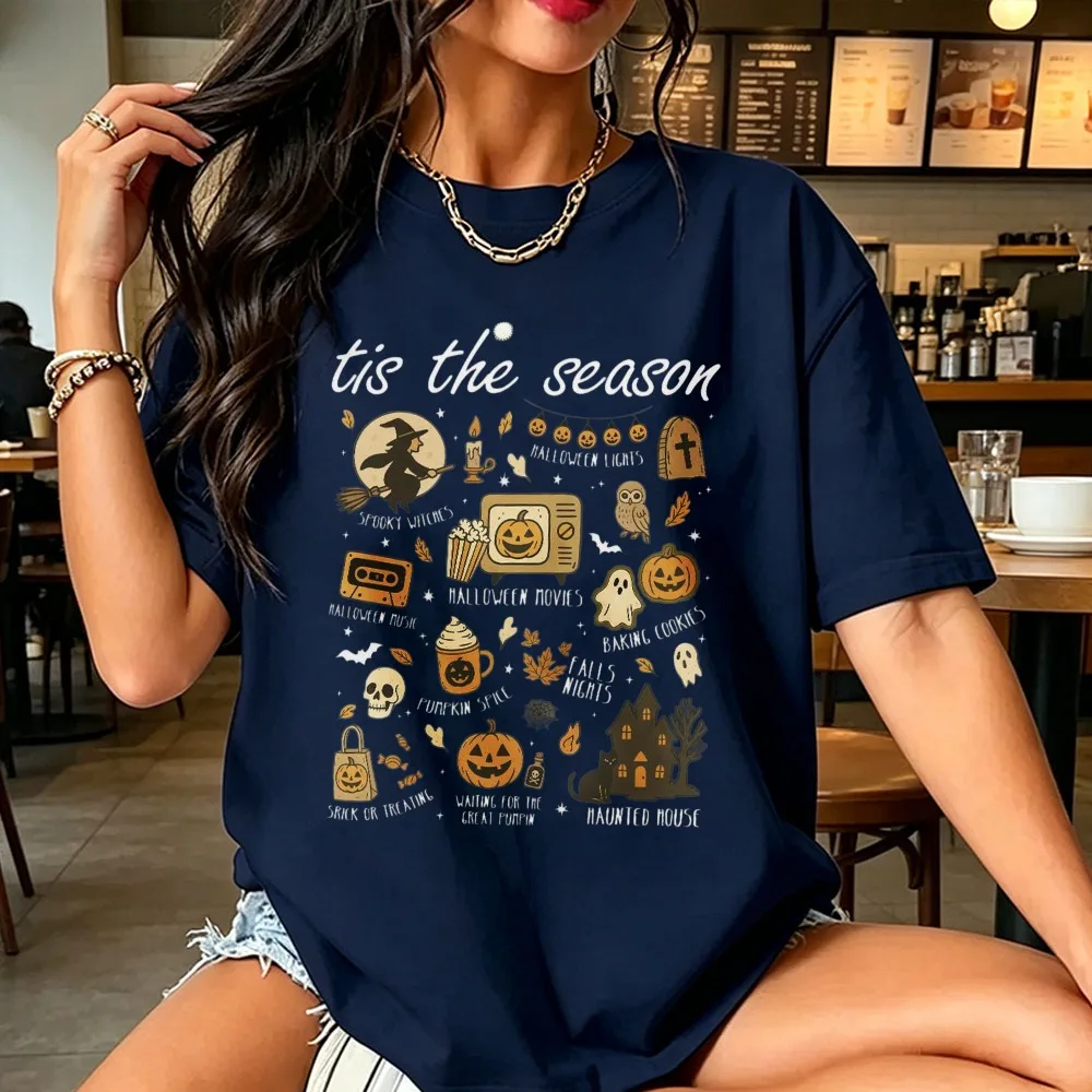 Vintage Halloween Unisex T-Shirt Retro 'Tis The Season Skeleton Pumpkin Ghost Halloween T-Shirt Y2K Halloween Women Cotton Shirt
