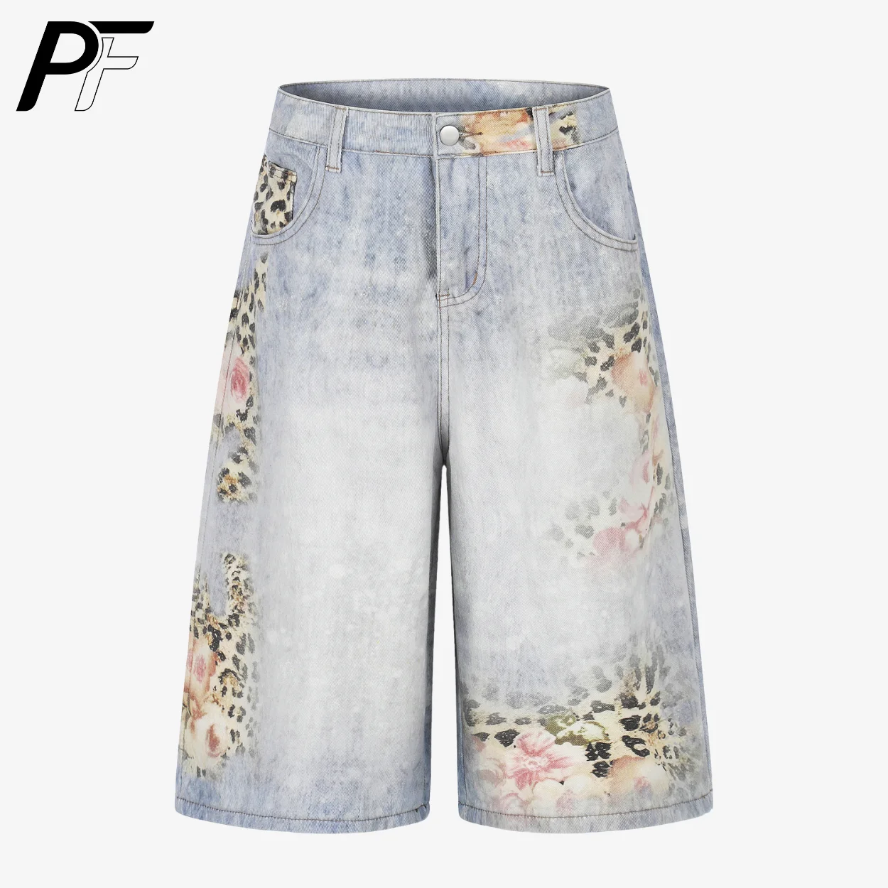 

Y2K Leopard & Floral Print Denim Cropped Pants Retro Light Wash Baggy Wide Leg Shorts Streetwear Harajuku Casual Summer Trousers