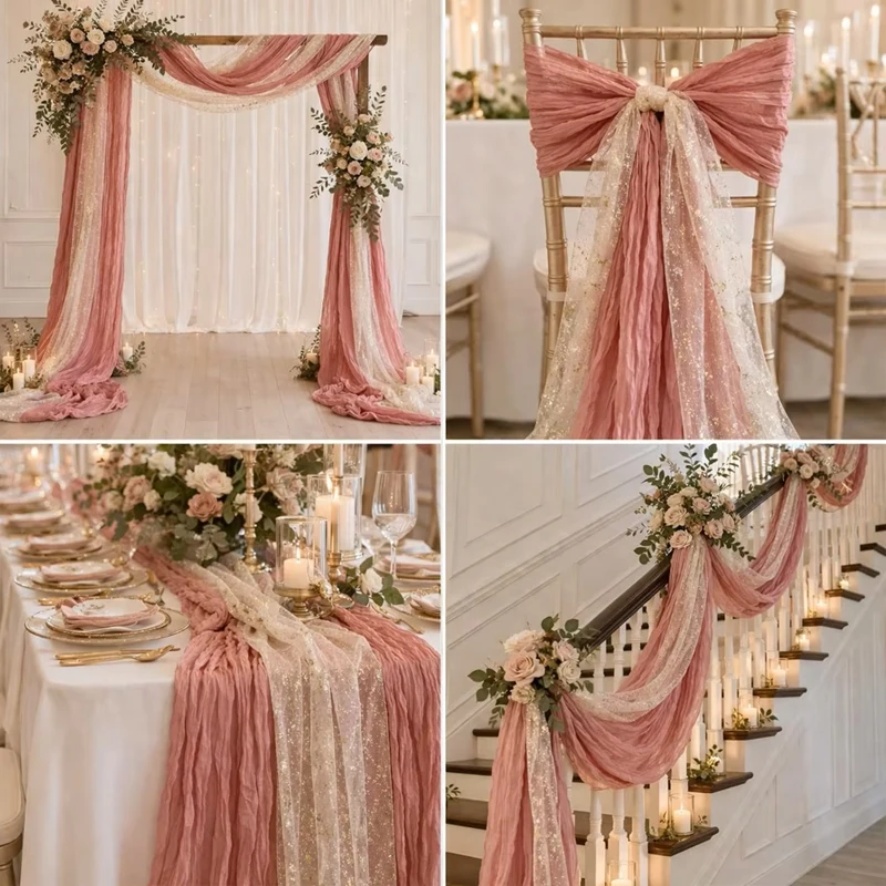2PCS Cheesecloth Table Runner Pink Gauze Gold Glitter Tulle Rustic Boho Cheese Cloth Table Runners for Wedding Party Home Decor