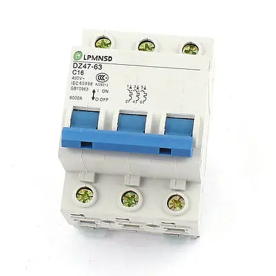 AC 400V 16A 6000A Overload DIN Rail Mount Circuit Breaker 3 Pole DZ47-63