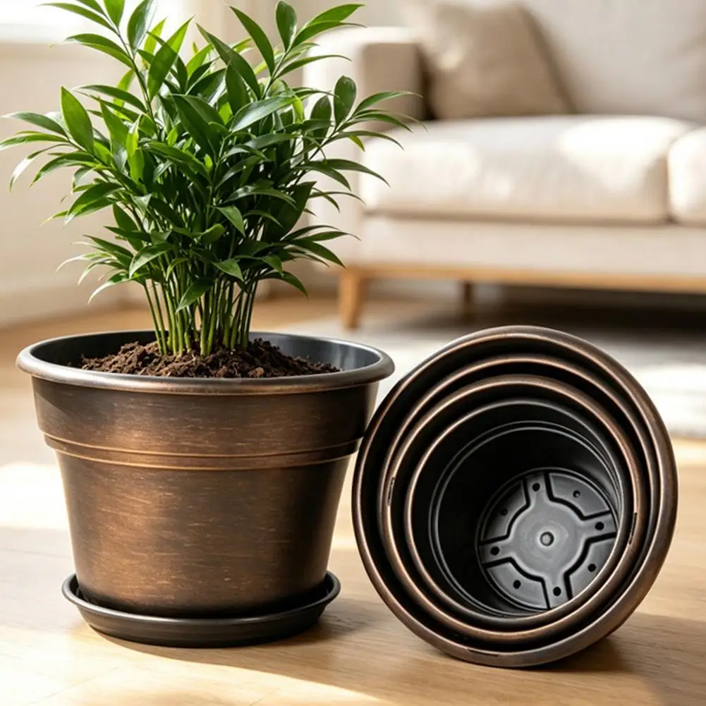 Planters with Saucers for Home Retro Bronze Flower Pot with Saucer Thickened Plastic Planter with Drainage Holes Root Control