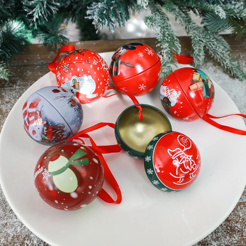 Creative Christmas Candy Box Tin Round Ball Shaped for Kids Gift Packaging Box DIY Xmas Tree Hanging Decoration Party Supplies