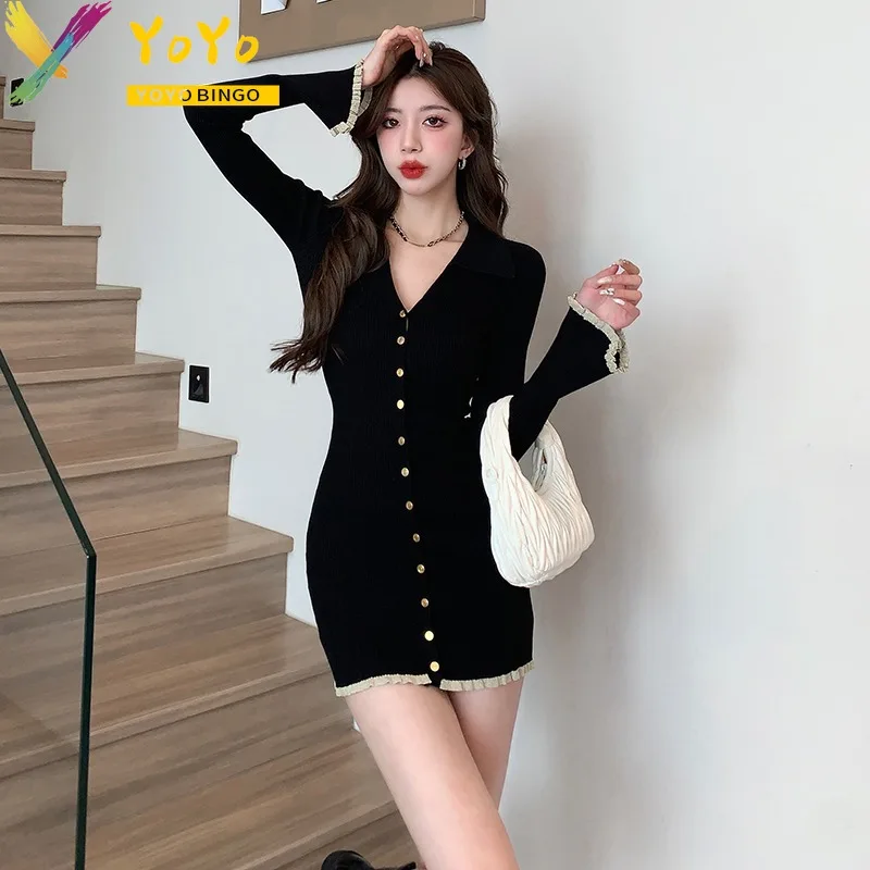 2024 Autumn/Winter Formal Fashion Black Knitted Flared Sleeve V-neck Dress Elegant Elastic Soft Slim Fit Party Sweater Dress