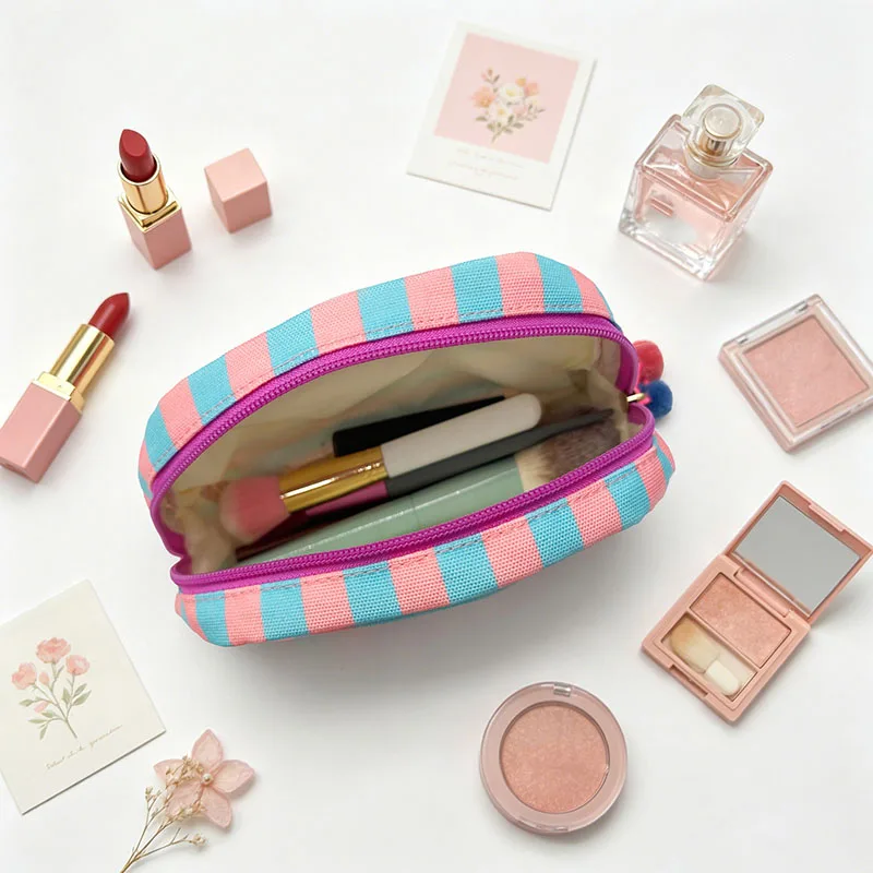 Colorful Striped Canvas Shell Makeup Bag Portable Travel Cosmetic Pouch Multifunctional Storage Make Up Case Purse