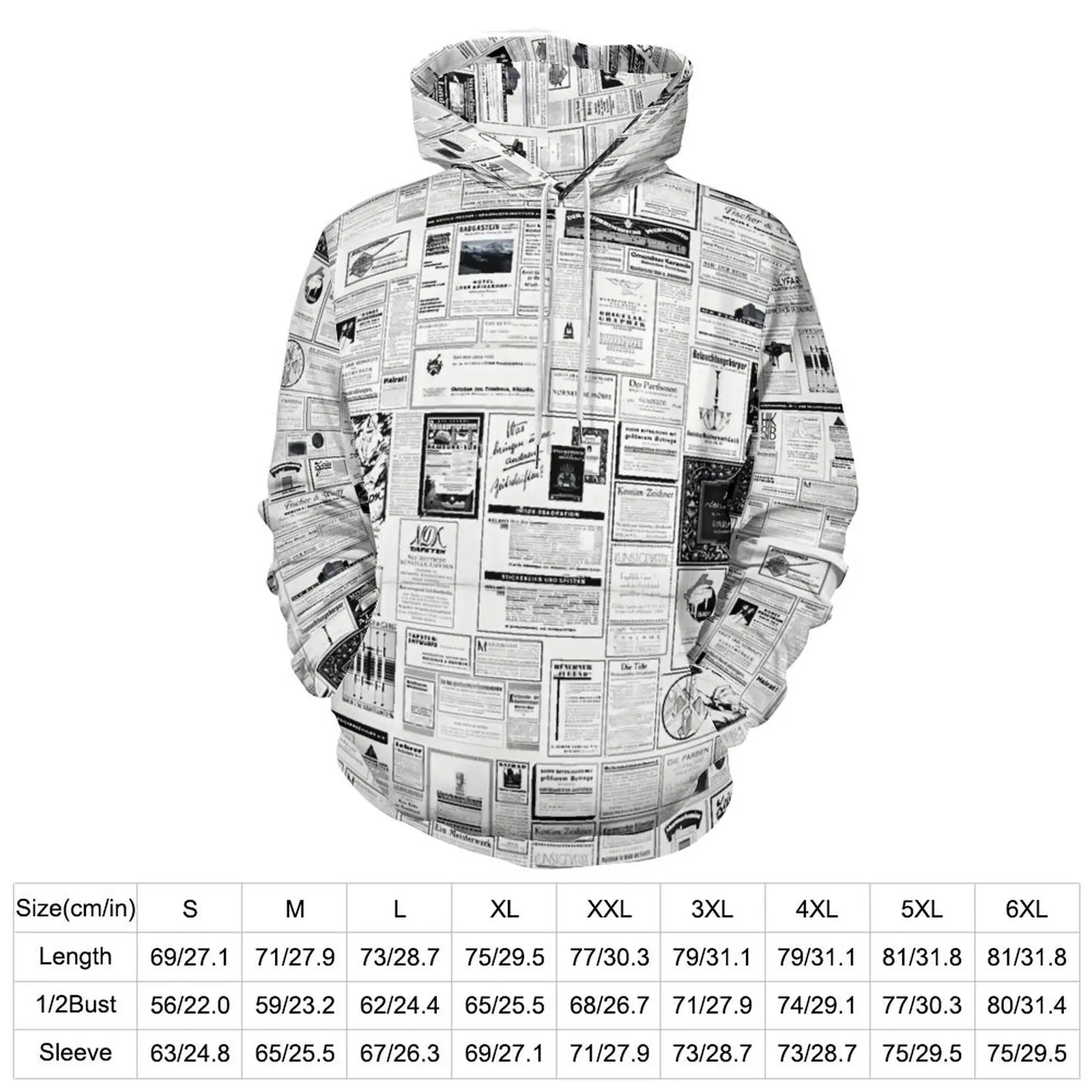 Newspaper Casual Hoodies Long Sleeve Vintage Advertising Cute Pullover Hoodie Winter Street Style Oversized Hooded Sweatshirts