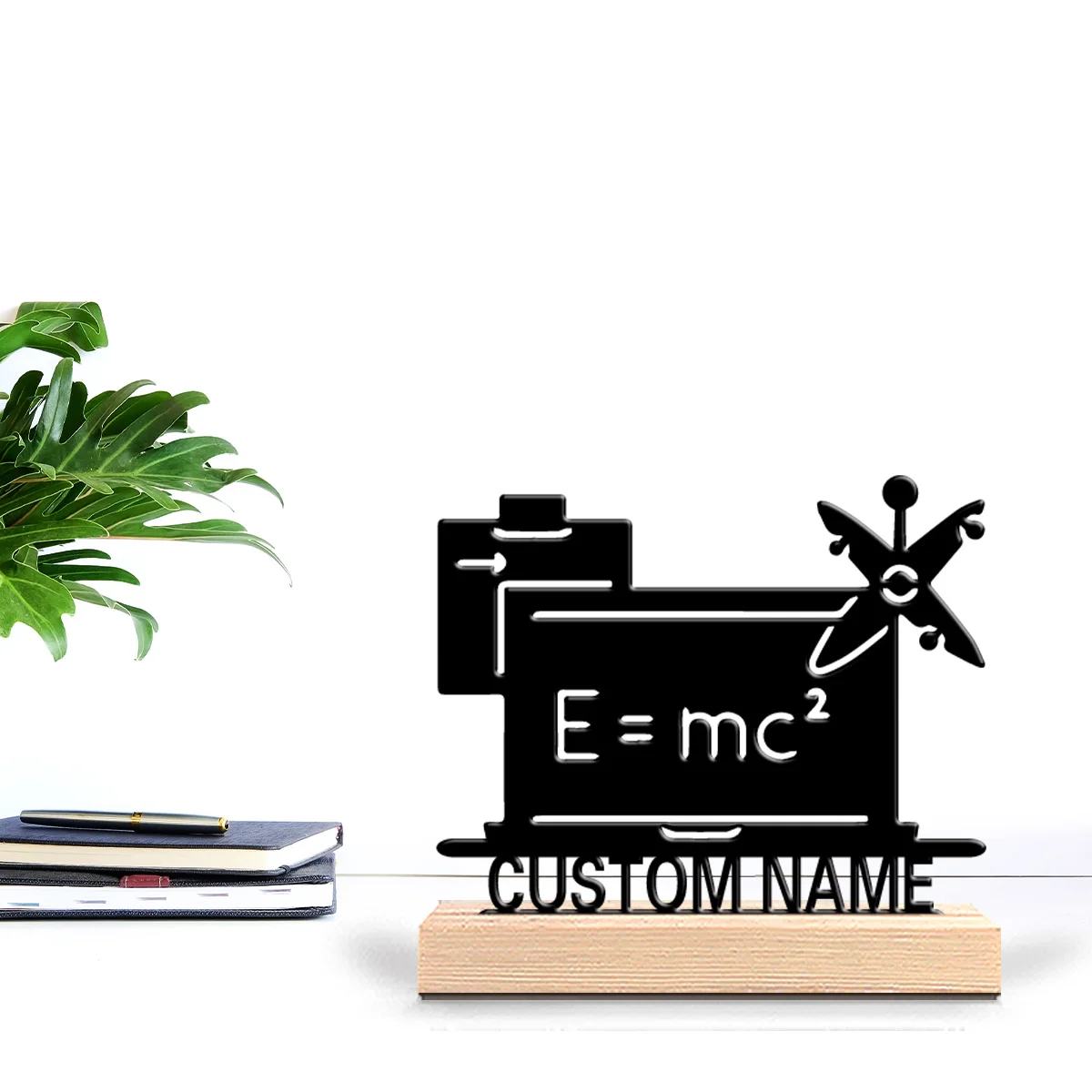 1pc Physical Science Personalized Text Metal Statue Iron Figurine With Wood Base Iron Sculpture Study Desktop Decoration