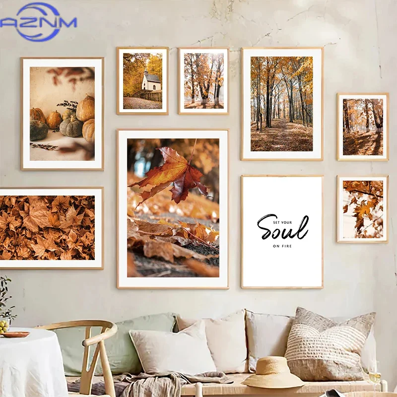 AZNM AZNM Wall Art Autumn Scenery Pumpkin Leaves Poster and Print for Modern Home Wall Decor Landscape Flower Picture Canvas Pai