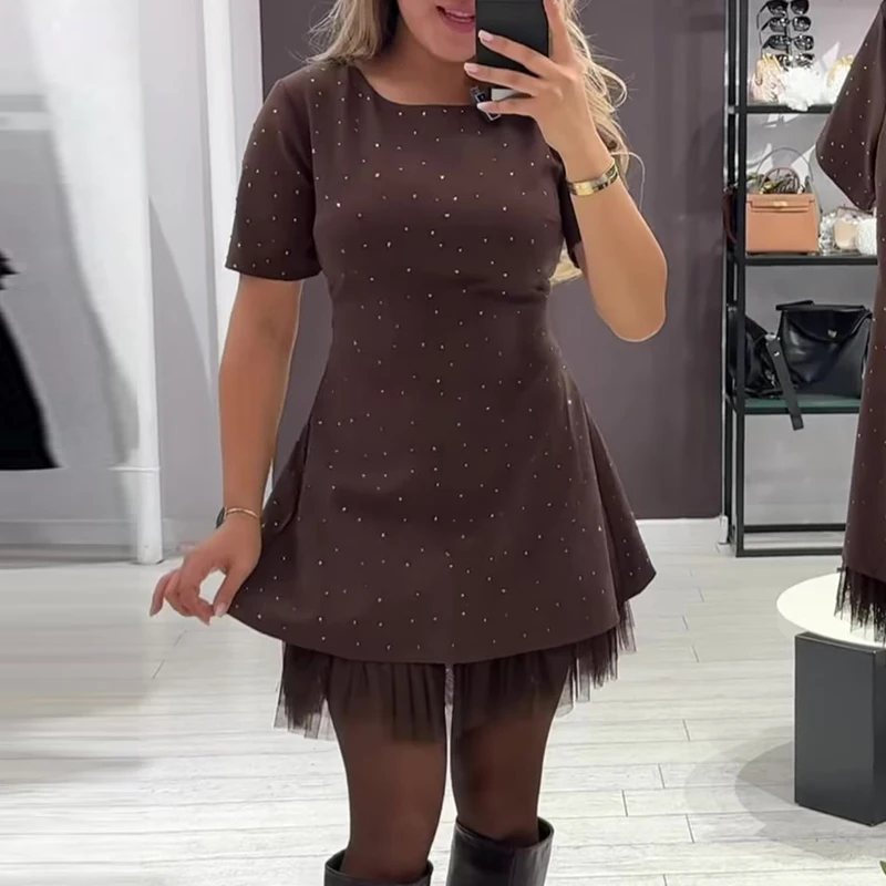 2026 Spring Fashion Diamond Patchwork Mesh Mini Dress Woman Elegant O Neck A-Line Dress New Summer Short Sleeve Slim Party Dress