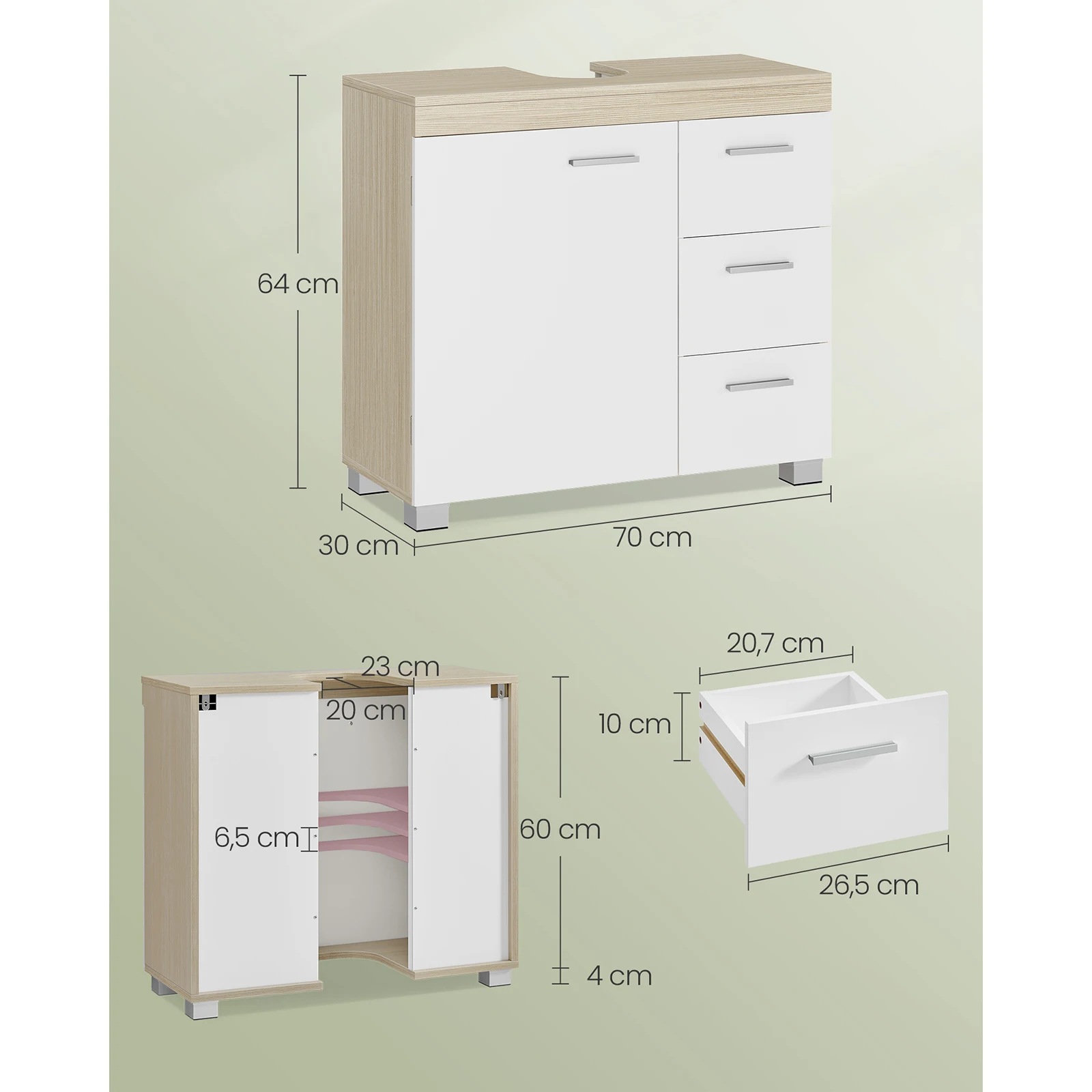 VASAGLE Under Sink Bathroom Cabinet, Storage with 3 Drawers, 2 Compartments, 30 x 70 x 64 cm, Cloud White/Natural Beige