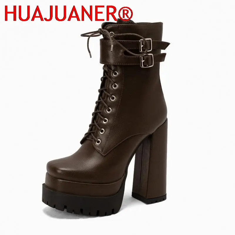 Doppel plattform Frauen Punk Stiefel Square Toe Super High Heel Stiefeletten Schnürung Reiß verschluss Motorrads tiefel Herbst Winter Damenschuhe