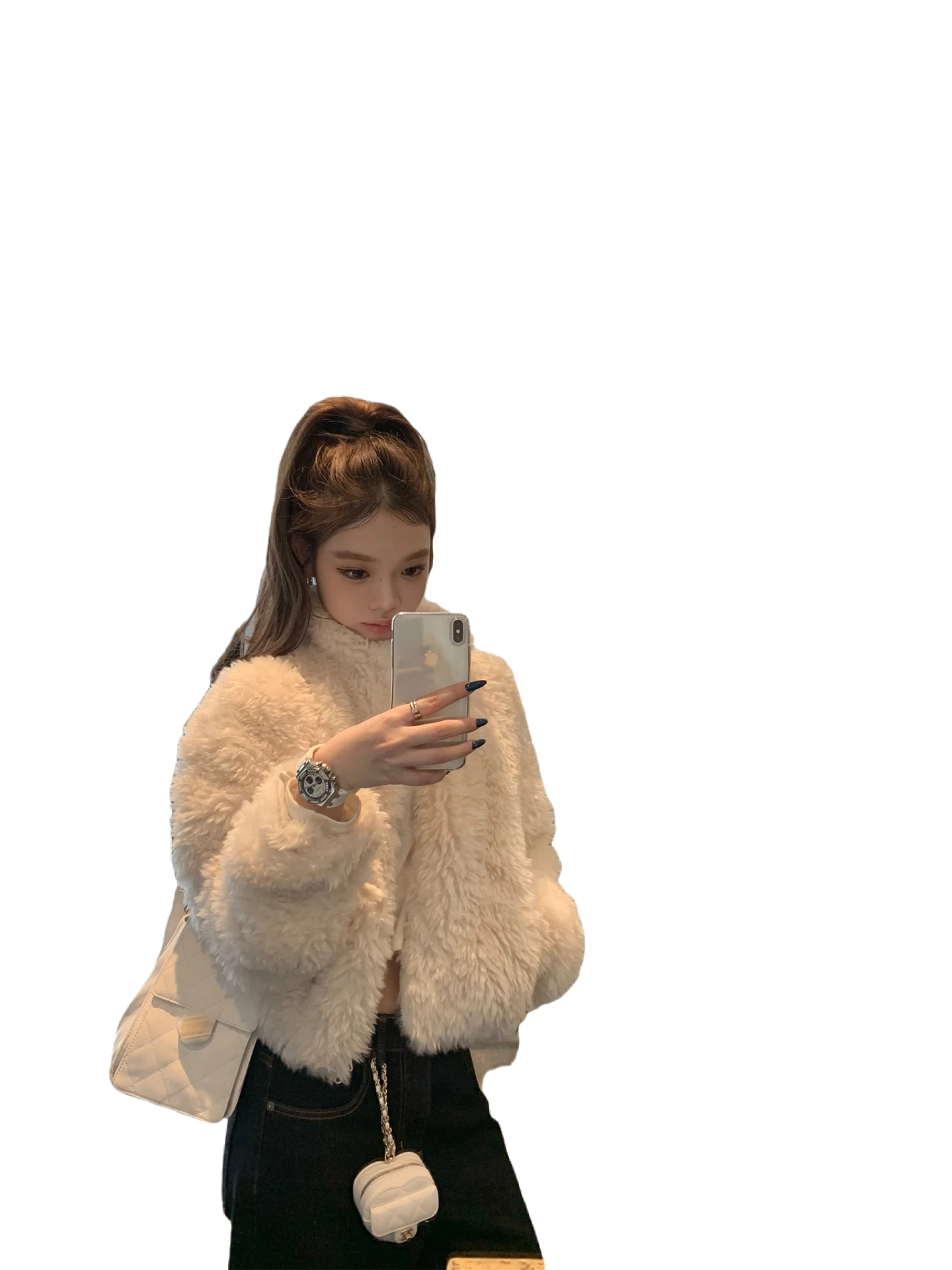A stand-up collar with a realistic woolen feel, eco-friendly fur, warm fur zipper short coat for women