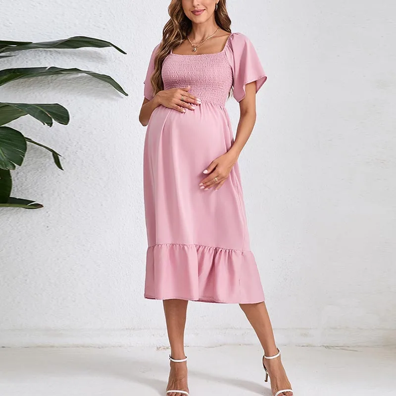 Maternity Summer Fashion Dress Fly-sleeved Pleated Layered Short-sleeved Clothes Chiffon Pregnant Dresses Clothing