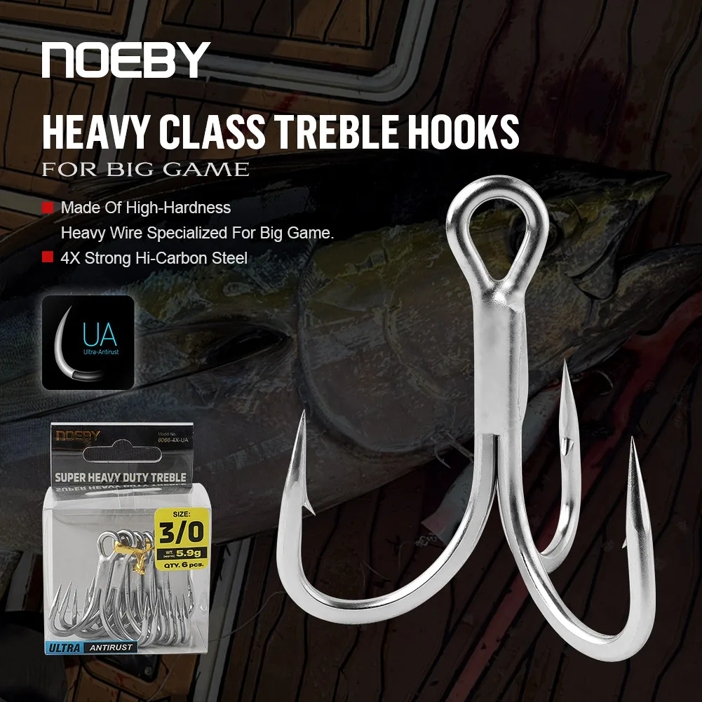 NOEBY Heavy Class Treble Hook Big Game Fishing Tackle 1/0 2/0 3/0 4/0 6066 4X Hi Carbon Steel Antirust Forged Shark Fishing Hook