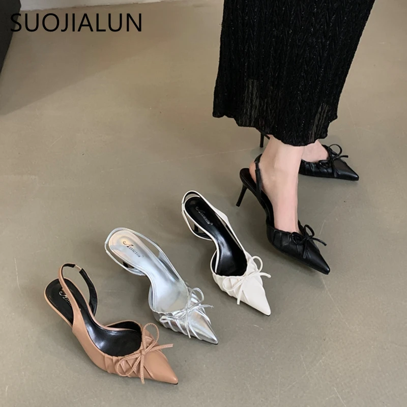 SUOJIALUN Autumn New Women Sandal Fashion Pointed Toe Pleated Ladies Elegant Dress Slingback Shoes Shallow Thin High Heel Pumps