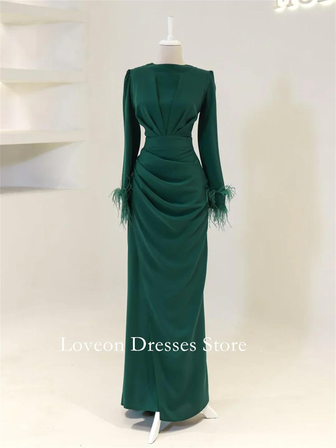 O-pescoço crepe penas vestidos de noite formais ruched sereia mangas completas estilo árabe personalizado elegante baile de formatura crescidos festa feminina