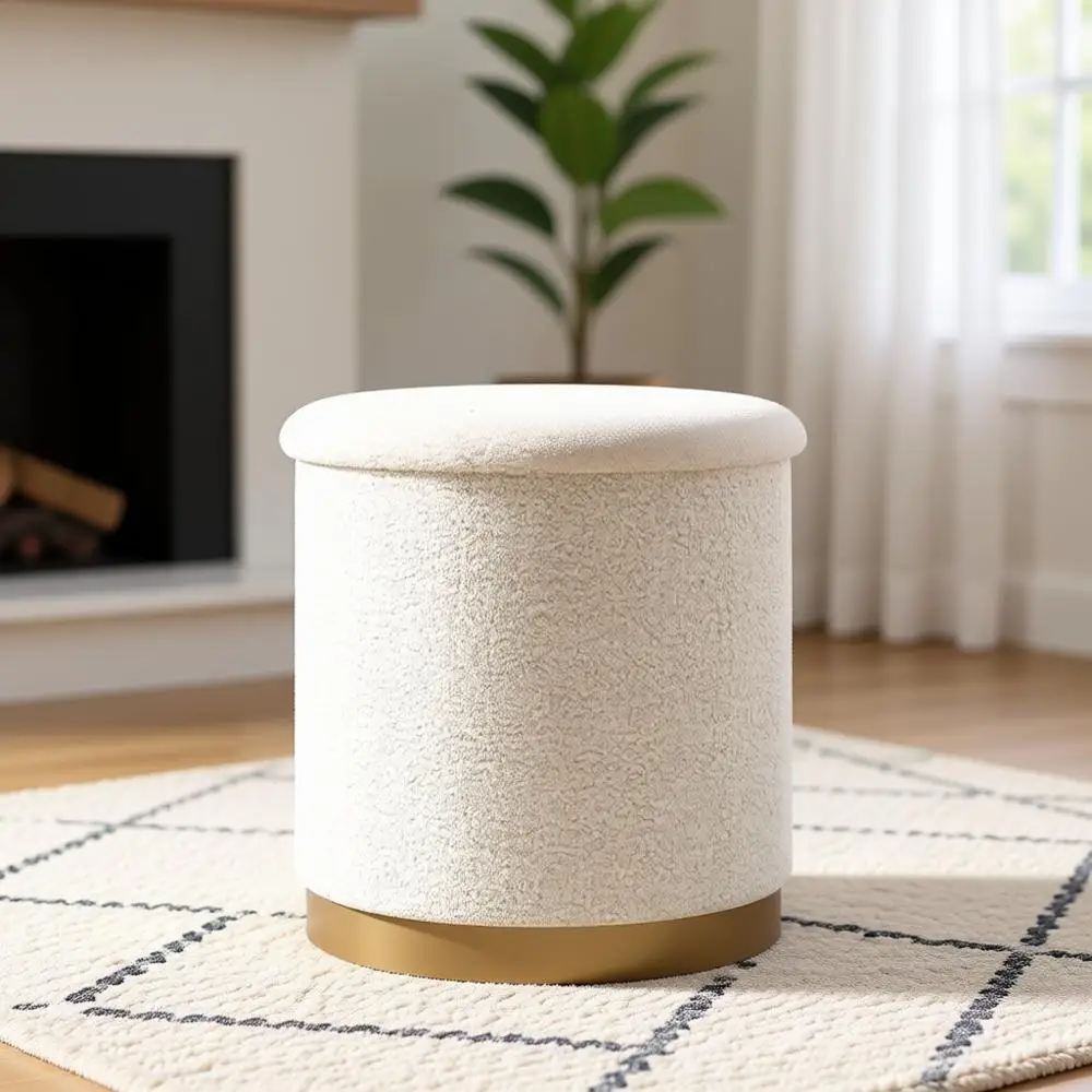 

Round Boucle Storage Ottoman with Gold Plated Base, Sherpa Removable Cushion, White, 14.7x14.7x16.3