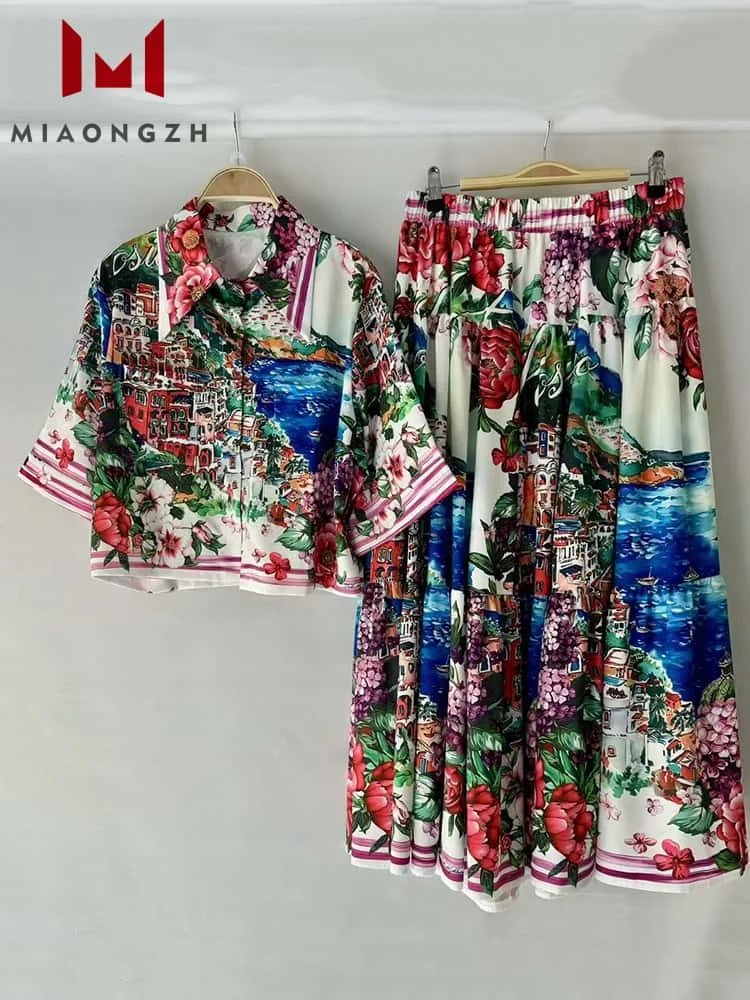 

High Quality Fashion Vintage For Women Printing Two Piece Set Short Sleeve Tops Short + High Waist Skirt Summer New Suit Ladies