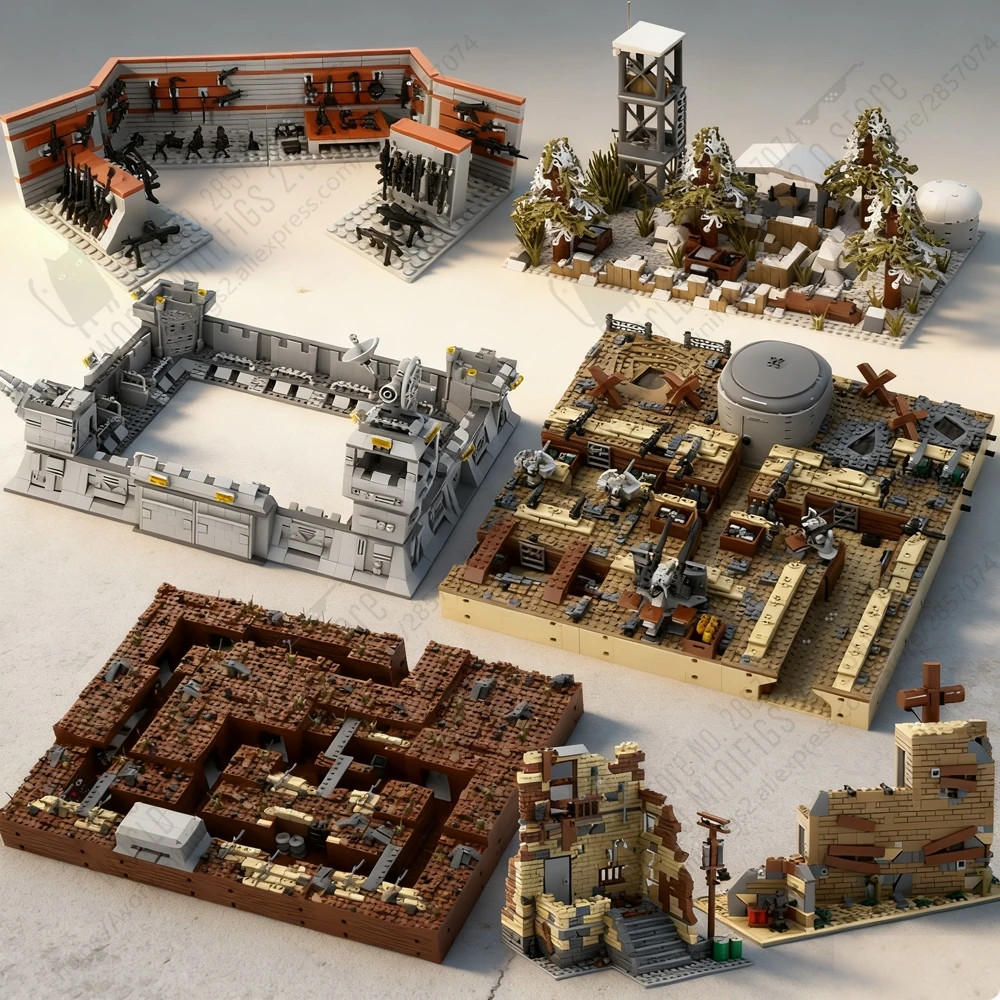MOC militar WW2 campo de batalla fortaleza ruinas armas de armadura armas accesorios ladrillos Juguetes de bloques de construcción niños regalos de cumpleaños