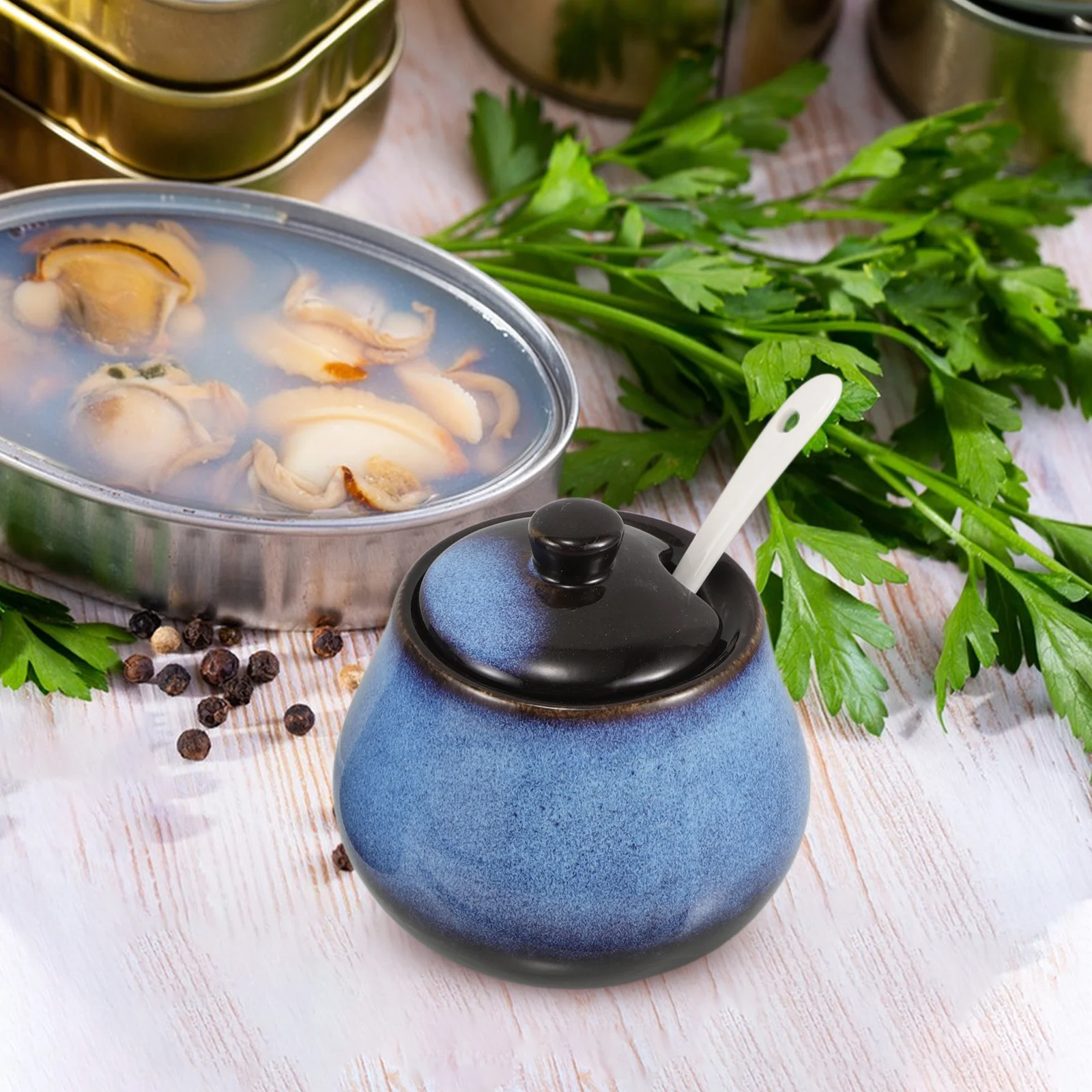 

1Set Japanese Ceramic Soy Sauce Vinegar Bottle Porcelain Sugar Bowl Lid Spoon Wood Tray Kitchen Condiment Holder