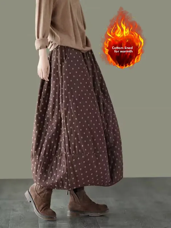 

Ретро-юбка миди из хлопка и льна в горошек, больших размеров, женская, с эластичной талией, утягивающая, осенне-зимняя, утепленная, длинная