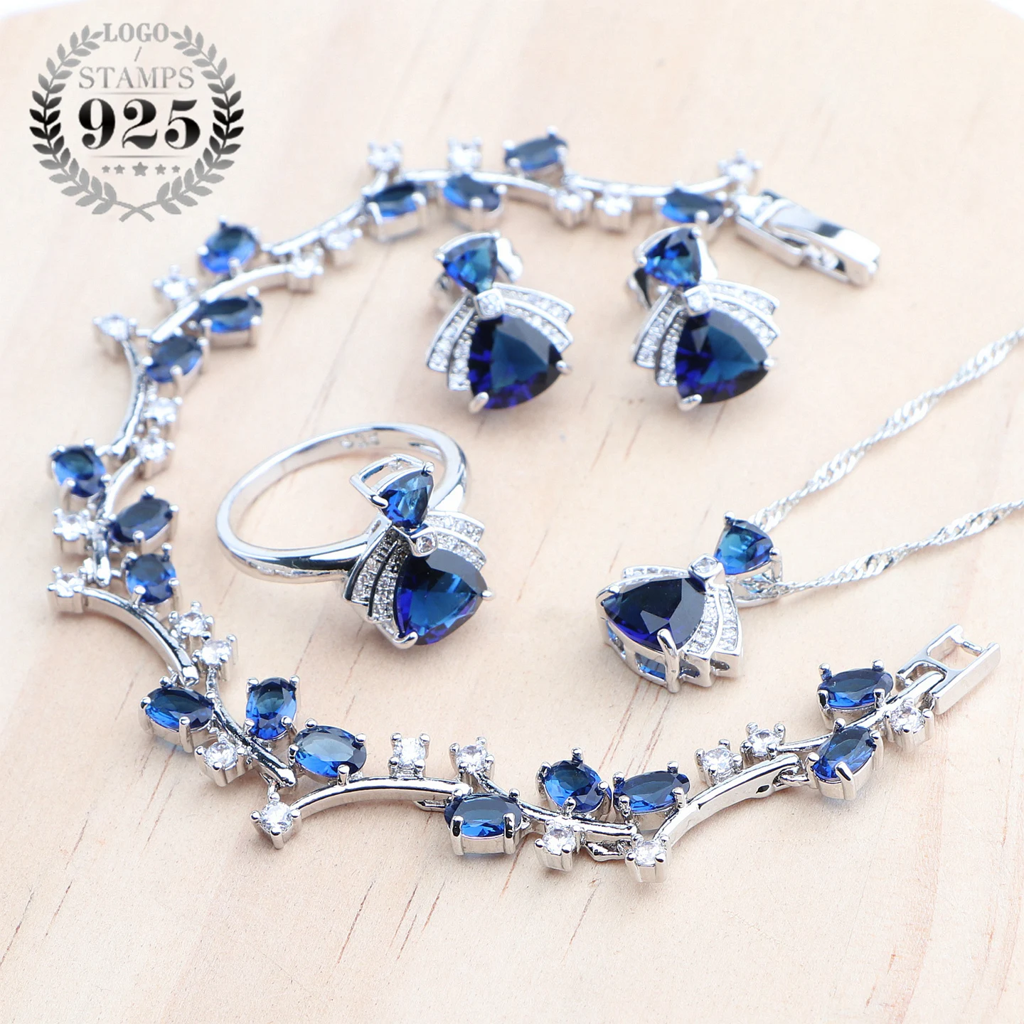 Bridal Jewelry Sets 925 Sterling Silver Bracelets Earrings For Women Ring Pendant Wedding Blue Zircon Necklace Set