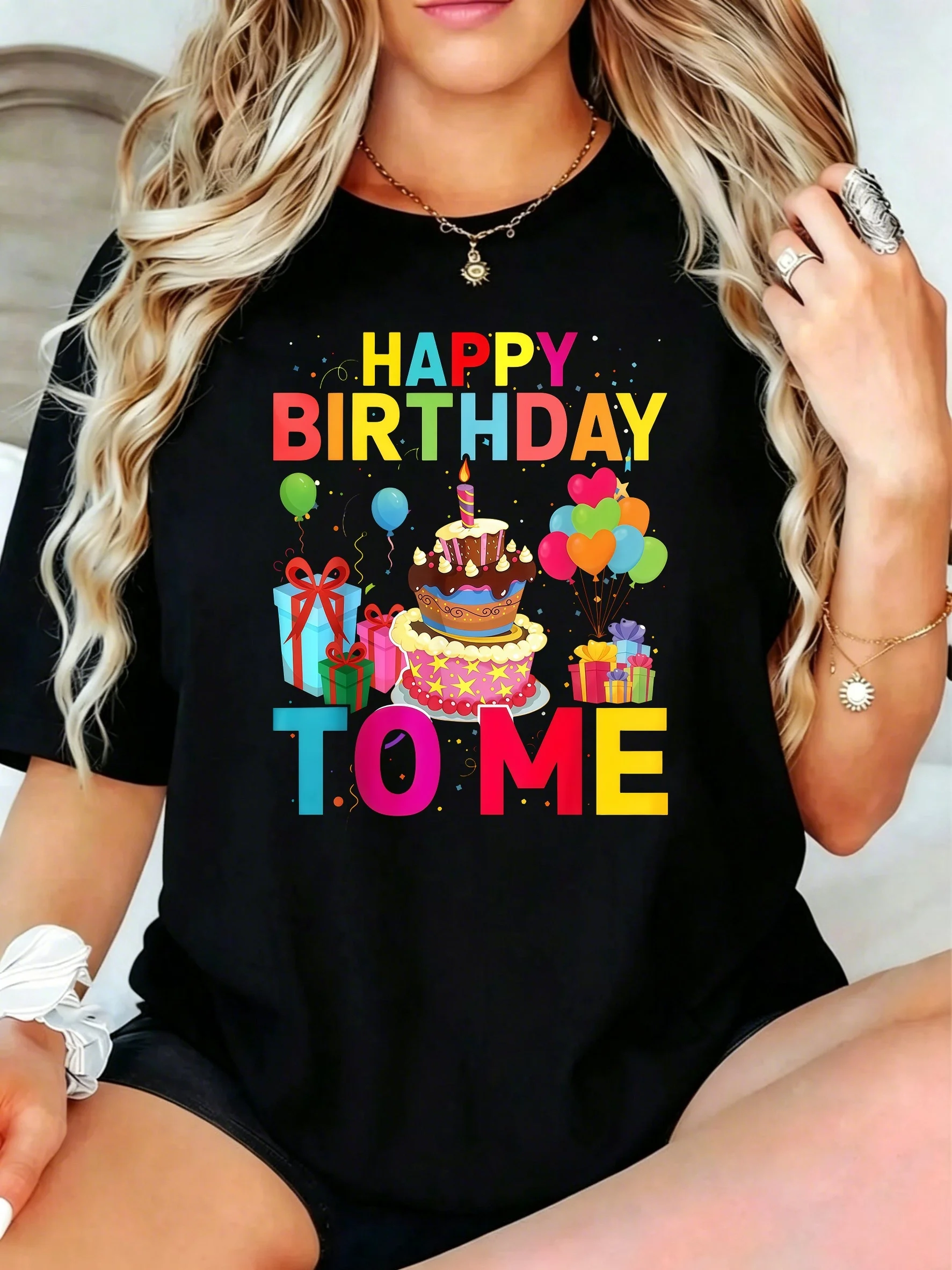 1Pcs Plus Size Women T-Shirt, Happy Birthday to Me Cake Balloons Gifts Shirt, Loose Type Shirt for Women