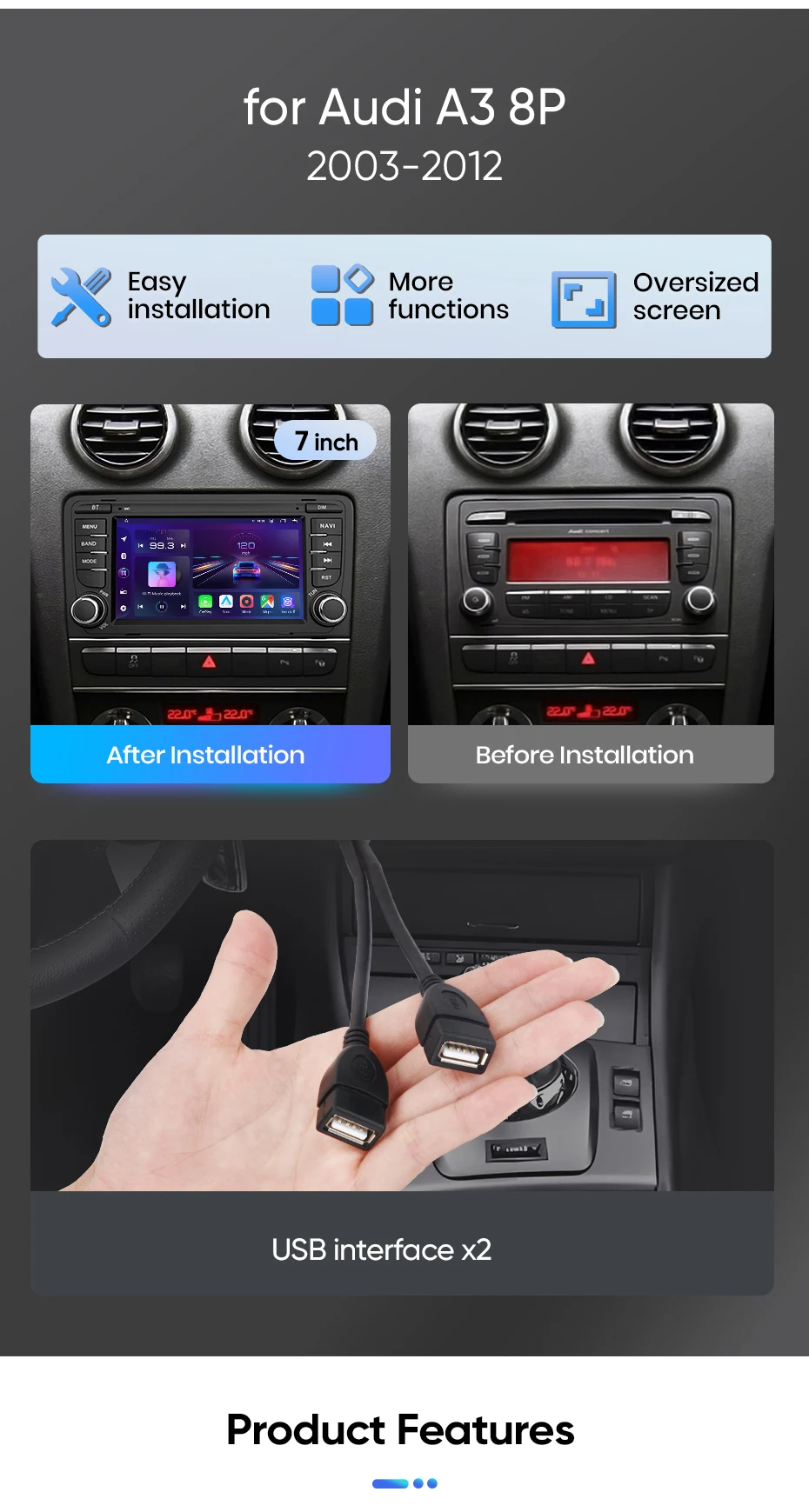 Junsun 7 Zoll Autoradio für Audi A3 8P S3 RS3 2003-2012 CarPlay Android Auto FM RDS DSP BT GPS Navi SWC HD IPS Touchscreen Plug & Play Multimedia-Player Freisprecheinrichtung Original-Autostil-Haupteinheit – Detail 12