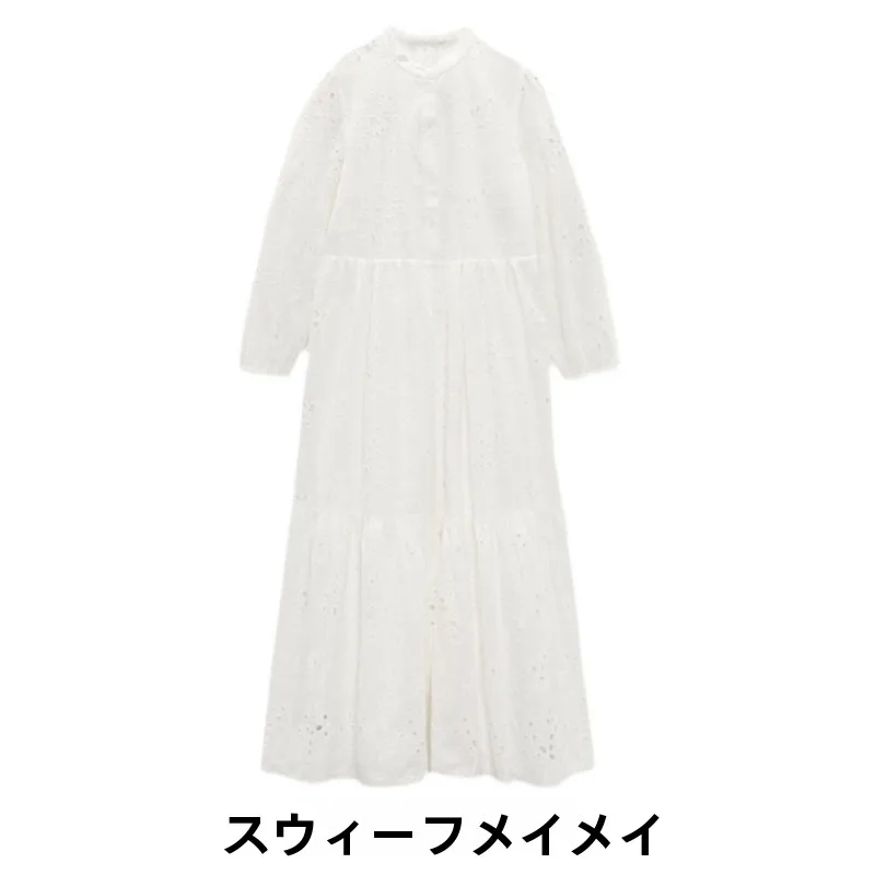 Spring New Arrival Women's White Embroidered Hollow out Dress Korean Style High Waist Long Skirt Cotton Blend Collar