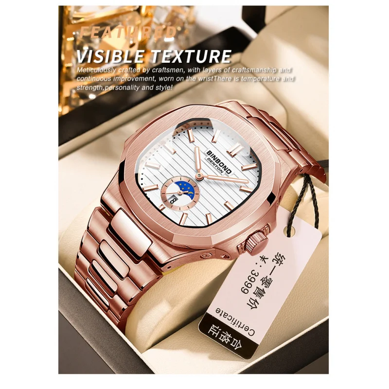 2025 new binbond top brand luxury quartz watch fashion square dial stainless steel calendar luminous waterproof male clock gift