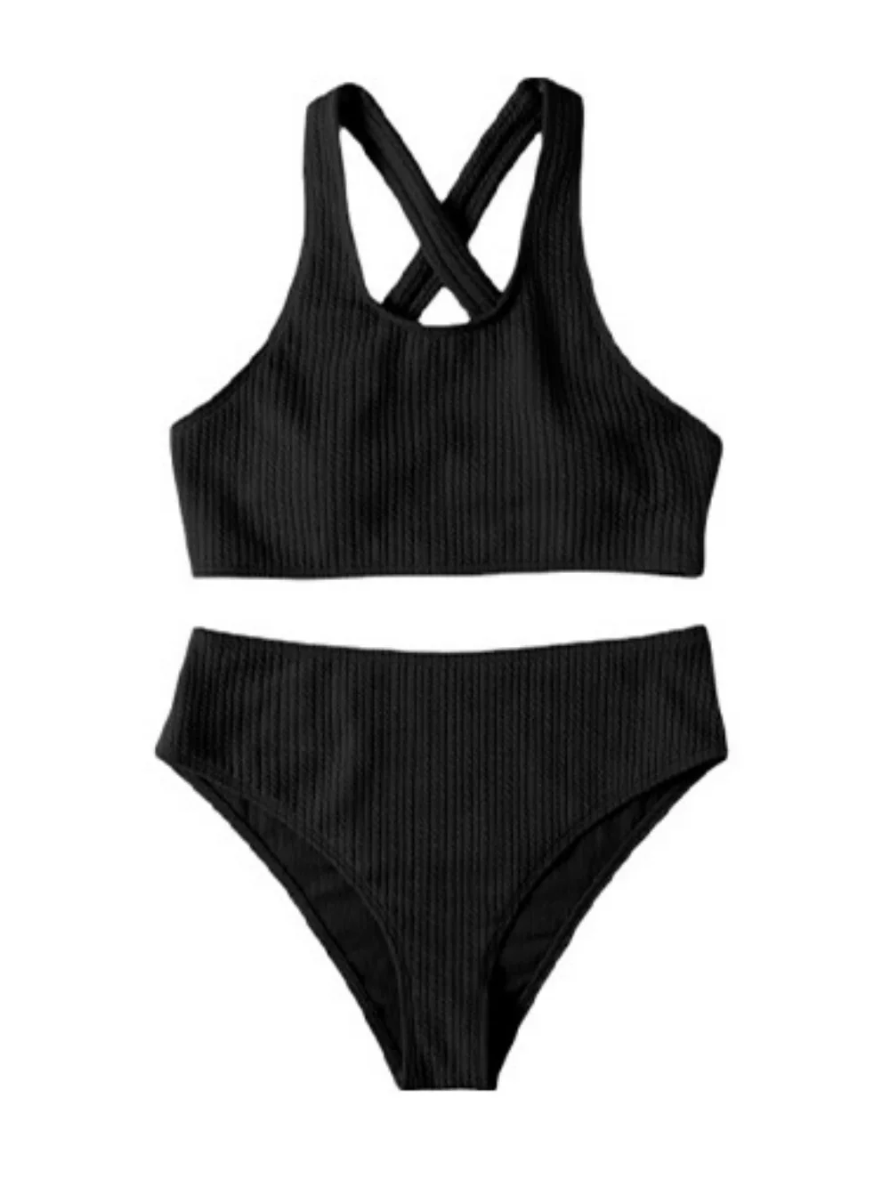 Seksowne czarne bikini wysokiej talii prążkowany krzyżowy strój kąpielowy Tankini z odkrytymi plecami wakacje stroje kąpielowe damskie kostium kąpielowy zestaw plażowy bikini Femme