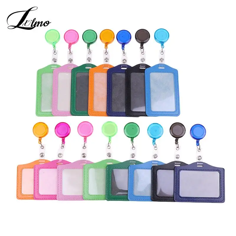 

21Colors Women Men Student Retractable Badge Reel ID Card Holder Cover Case Nurse Badge Lanyards Fashion PU Leather Card Holders