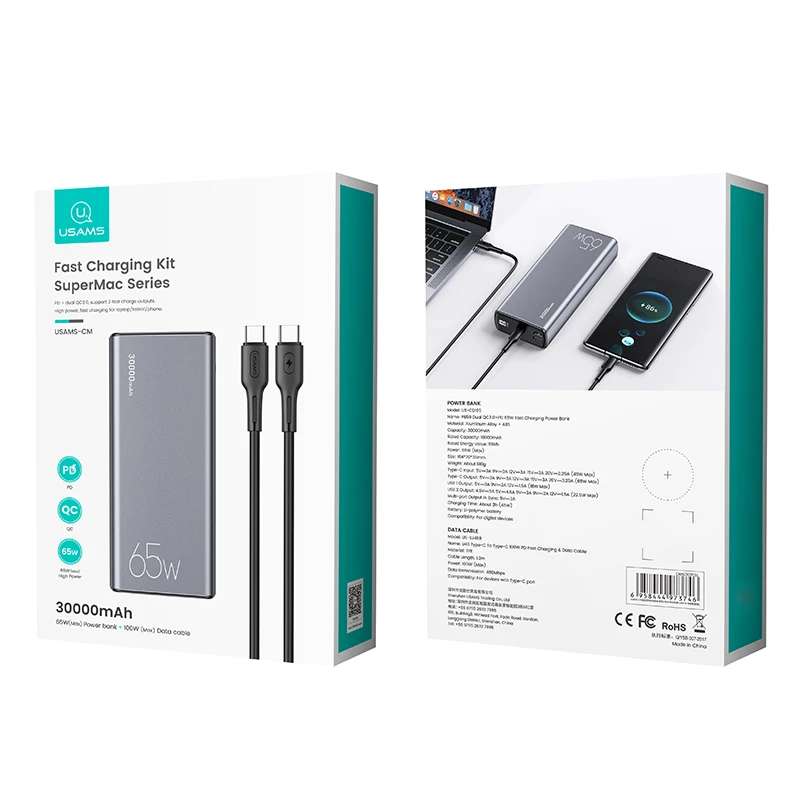 USAMS 65W 30000mAh szybkie ładowanie Power Banks power bank do laptopa z kablem USB 100w