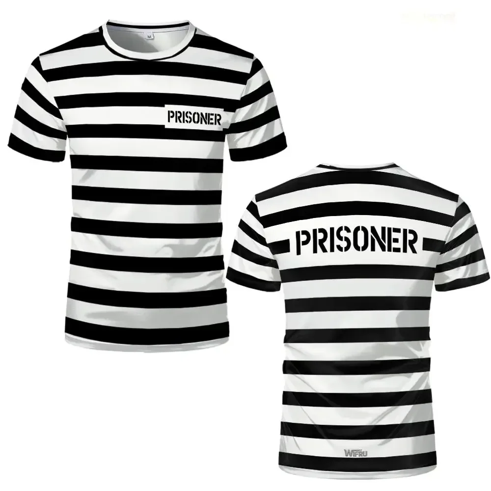 Camiseta a Rayas de Prisionero 2026, Negra y Blanca, con Temática de Prisión, Divertida y Novedosa, de Manga Corta, para Hombres y Mujeres, Disfraces de Cosplay para Fiestas