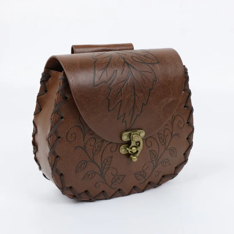 PU Medieval Vintage Vine Maple Leaf Embossed Waist Pouch, Renaissance Witch's Waist Pouch, Vintage Style Coin Purse Bag